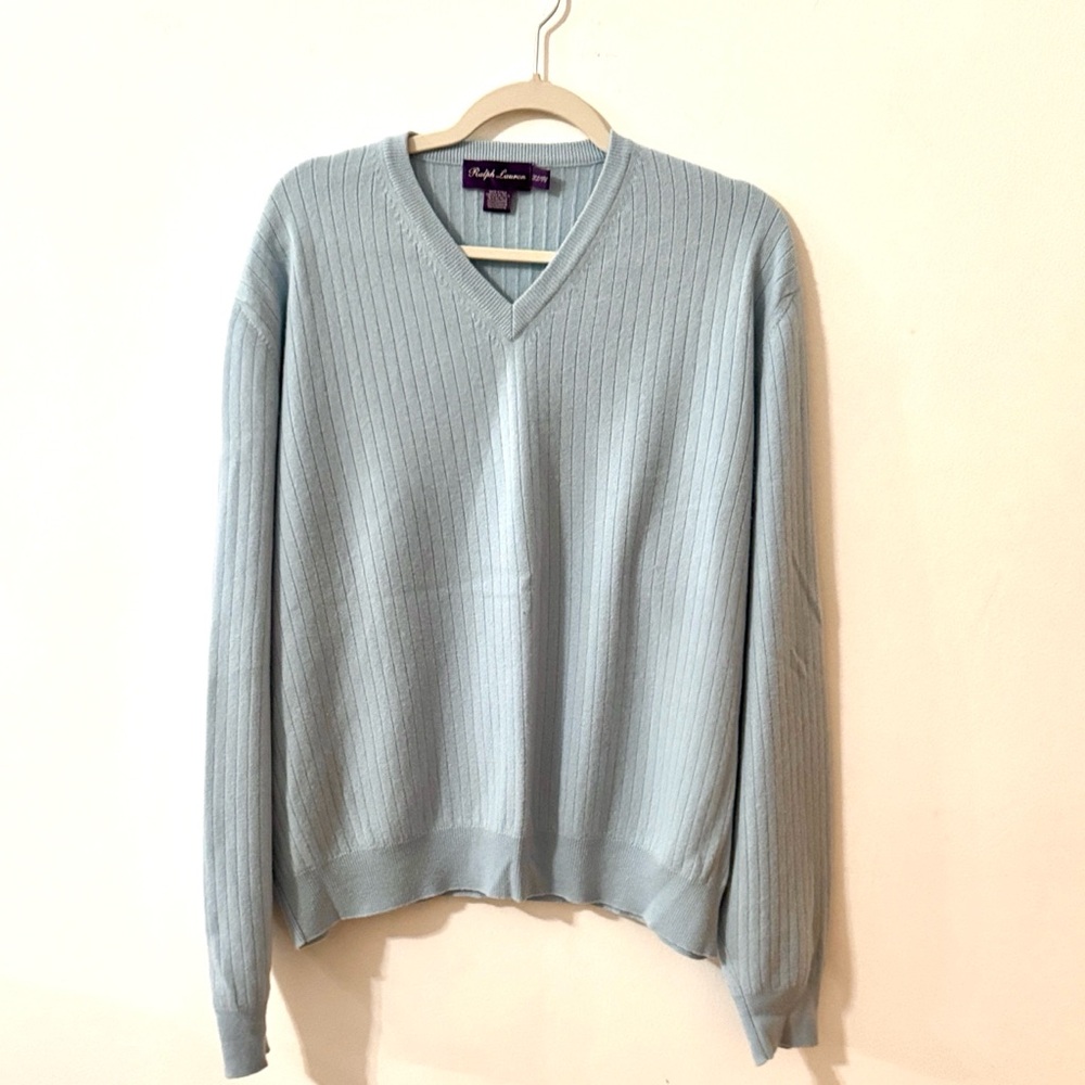 Ralph Lauren Sky Blue Ribbed V-Neck Cashmere V-Neck Pullover